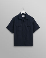 wax london Bartlett - Navy Two-Tone Linen Short-Sleeve Shirt