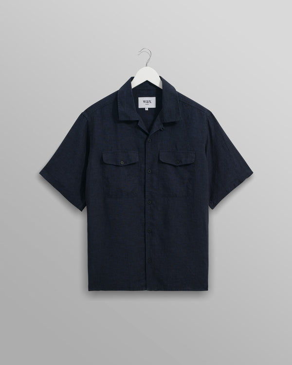 wax london Bartlett - Navy Two-Tone Linen Short-Sleeve Shirt