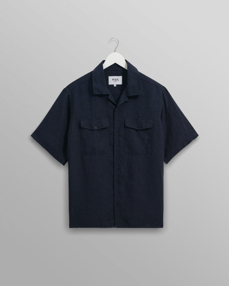 wax london Bartlett - Navy Two-Tone Linen Short-Sleeve Shirt