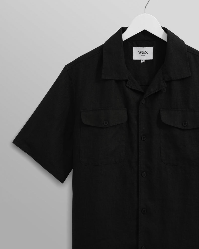 wax london Bartlett - Washed Black Linen Short-Sleeve Shirt