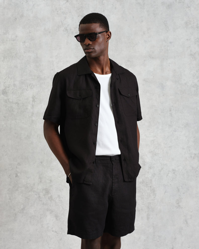 wax london Bartlett - Washed Black Linen Short-Sleeve Shirt