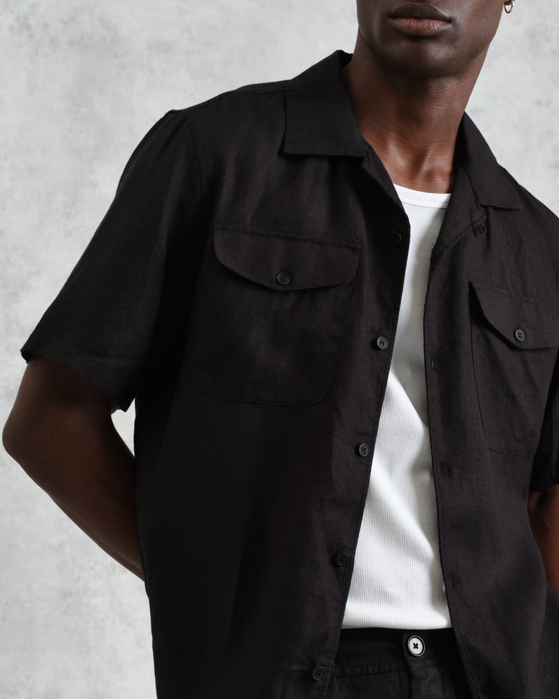 wax london Bartlett - Washed Black Linen Short-Sleeve Shirt