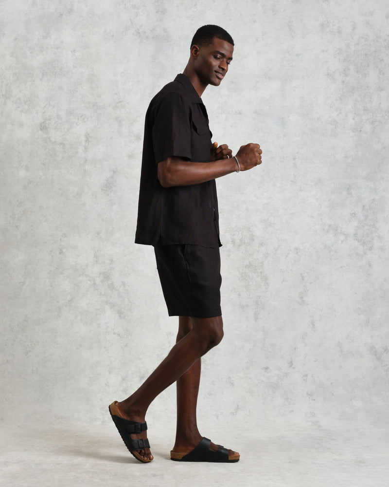 wax london Bartlett - Washed Black Linen Short-Sleeve Shirt
