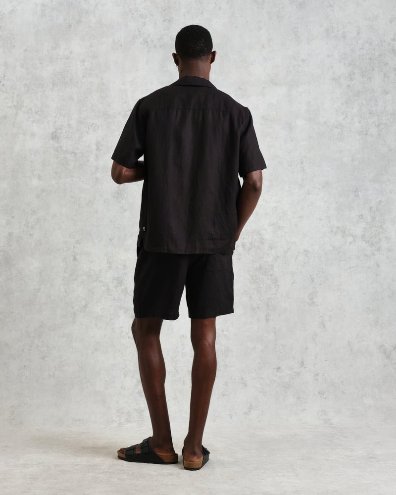 wax london Bartlett - Washed Black Linen Short-Sleeve Shirt