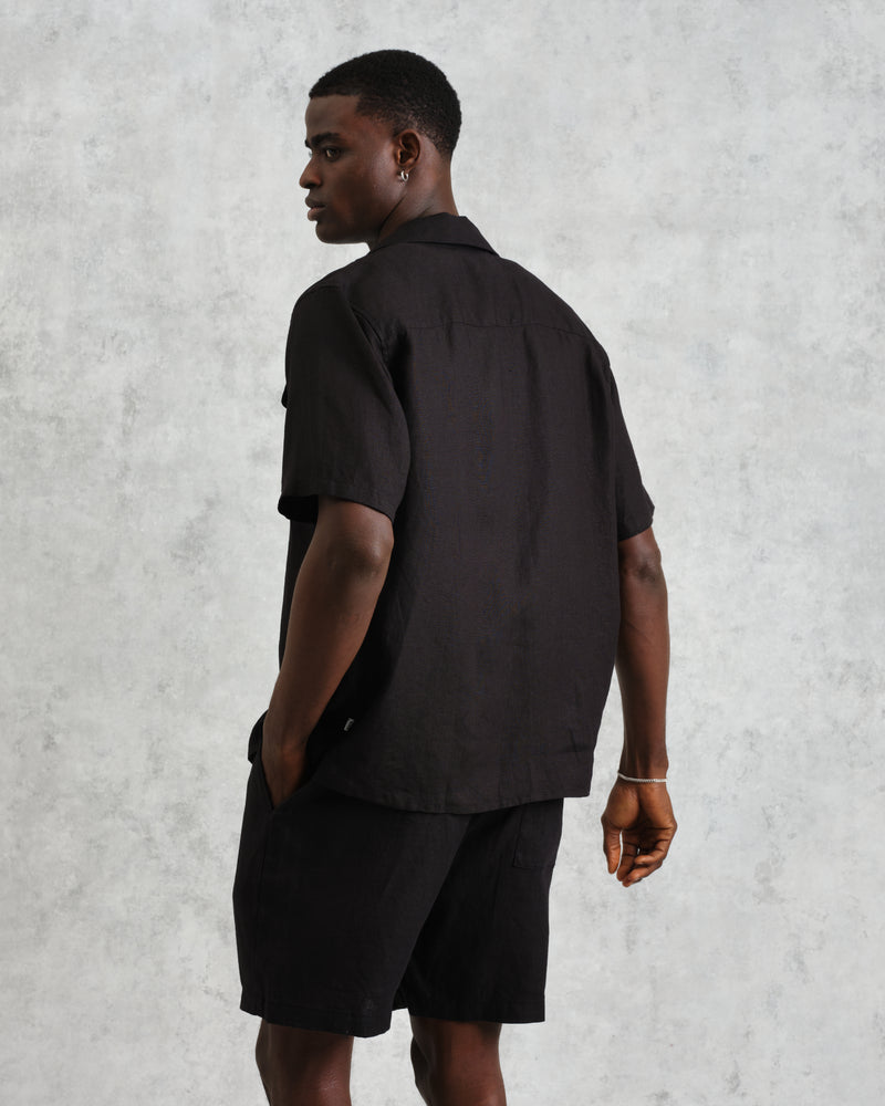 wax london Bartlett - Washed Black Linen Short-Sleeve Shirt