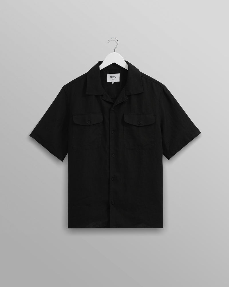 wax london Bartlett - Washed Black Linen Short-Sleeve Shirt
