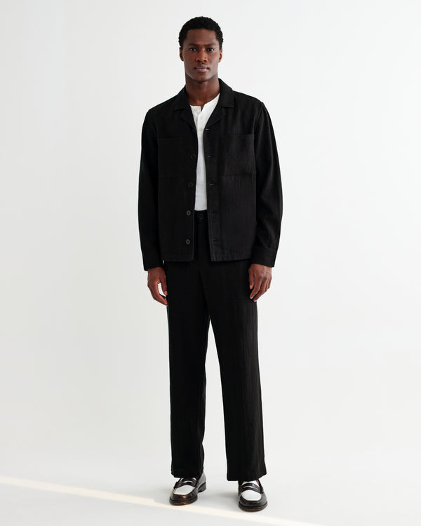 wax london men's Bayham - Black Linen-Cotton Relaxed Fit Trousers