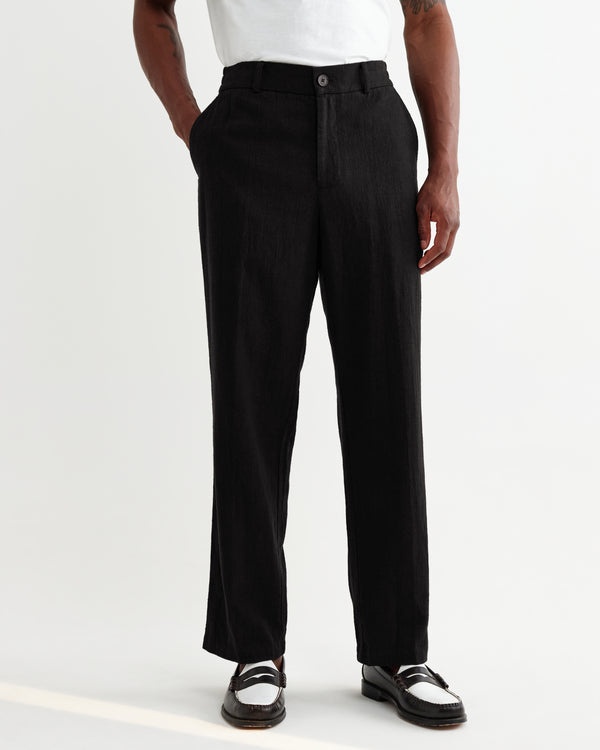 wax london men's Bayham - Black Linen-Cotton Relaxed Fit Trousers