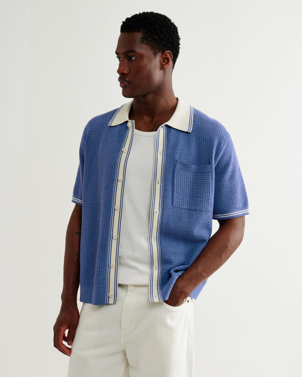 wax london men's Belle - Blue Tipped Pointelle Polo Shirt