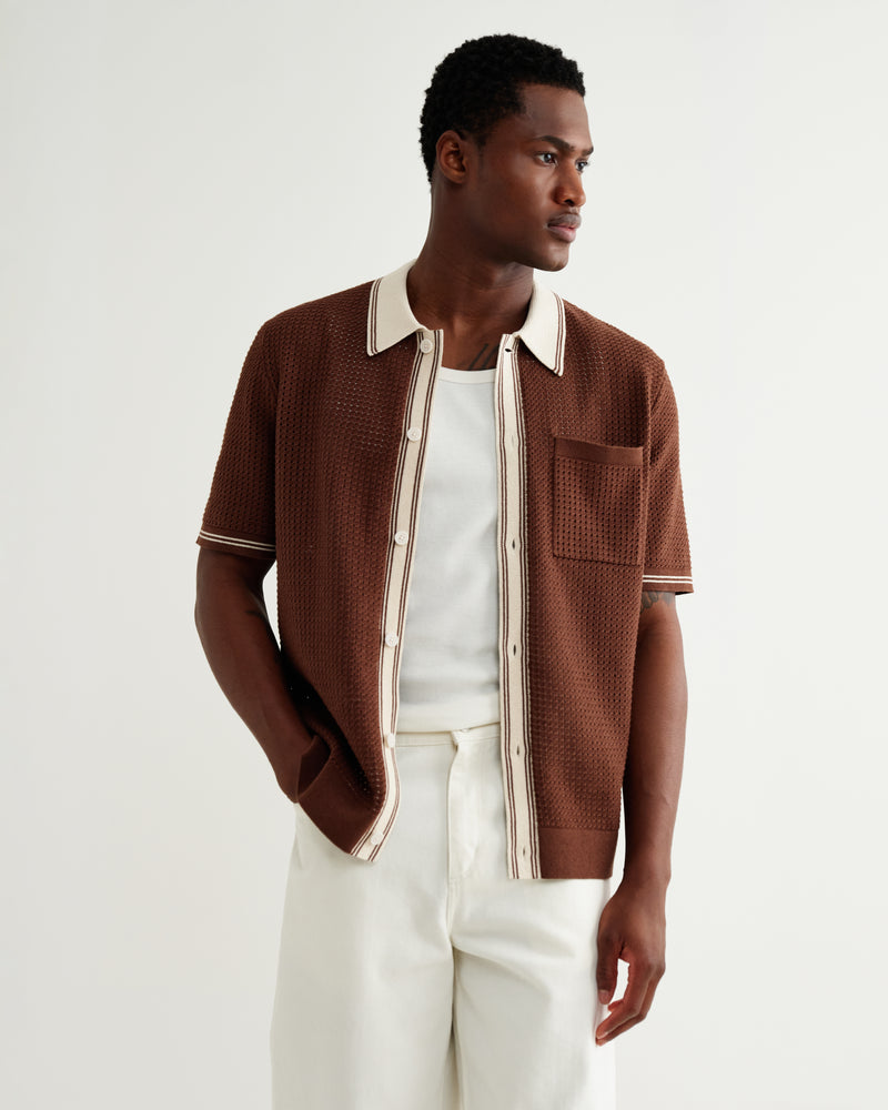 Men's Dark Brown Tipped Pointelle Polo Shirt | Wax London