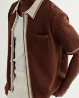 wax london men's Belle - Dark Brown Tipped Pointelle Polo Shirt