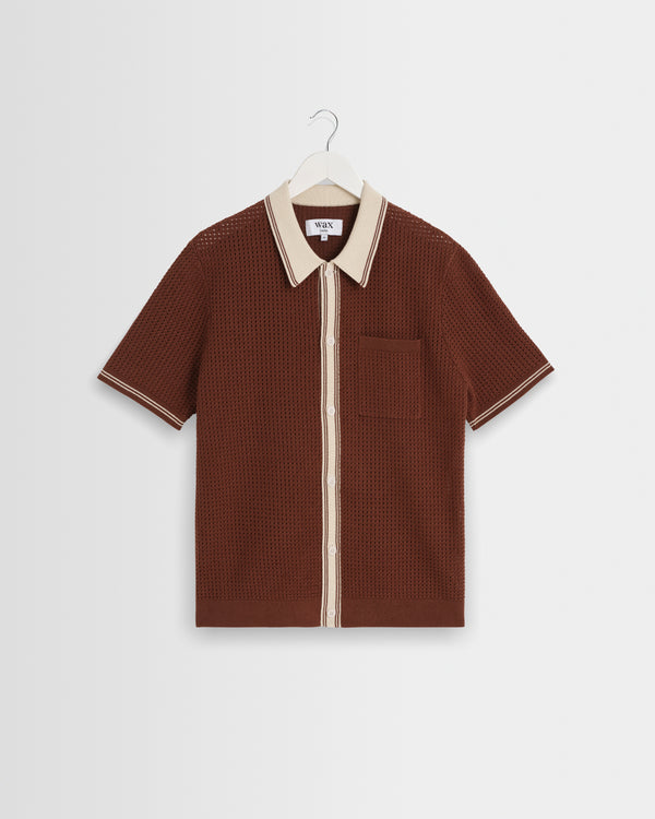 wax london men's Belle - Dark Brown Tipped Pointelle Polo Shirt