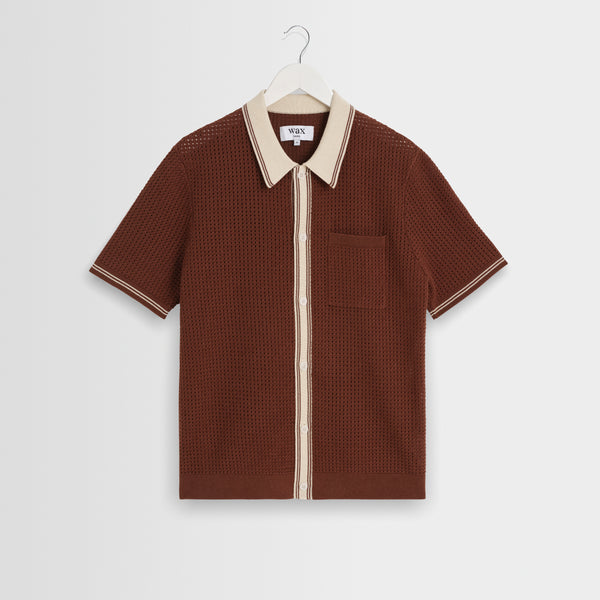 Men's Dark Brown Tipped Pointelle Polo Shirt | Wax London
