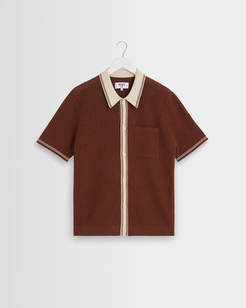 Men's Dark Brown Tipped Pointelle Polo Shirt | Wax London