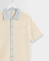 wax london men's Belle - Ecru Blue Tipped Pointelle Polo Shirt