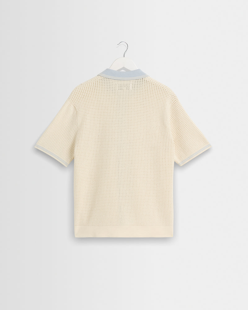 Men's Ecru Blue Tipped Pointelle Polo Shirt | Wax London