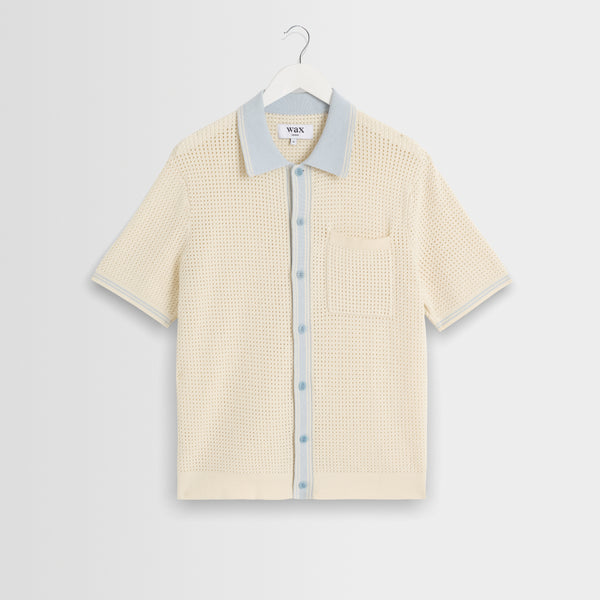 Men's Ecru Blue Tipped Pointelle Polo Shirt | Wax London