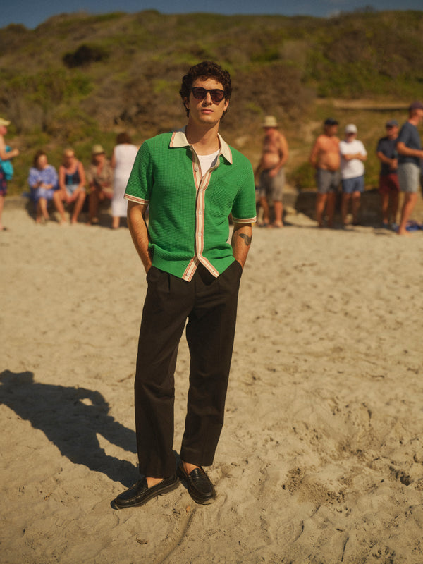 wax london men's Belle - Green Tipped Pointelle Polo Shirt