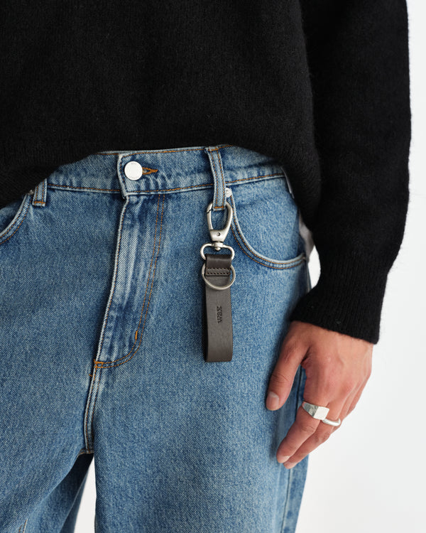 wax london men's Boston - Dark Brown Retro Grain Leather Keyring