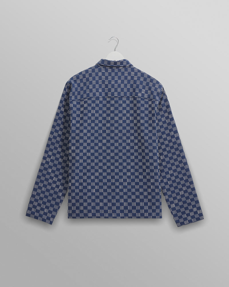 wax london Breton - Indigo And Ecru Geometric Grid Stitch Overshirt