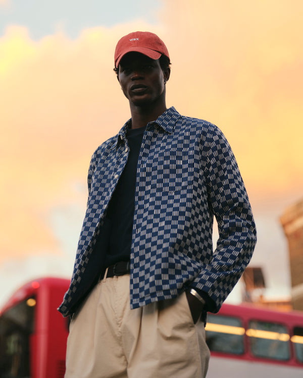 wax london men's Breton - Indigo And Ecru Geometric Grid Stitch Overshirt