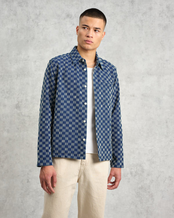 wax london men's Breton - Indigo And Ecru Geometric Grid Stitch Overshirt
