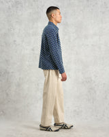 wax london Breton - Indigo And Ecru Geometric Grid Stitch Overshirt