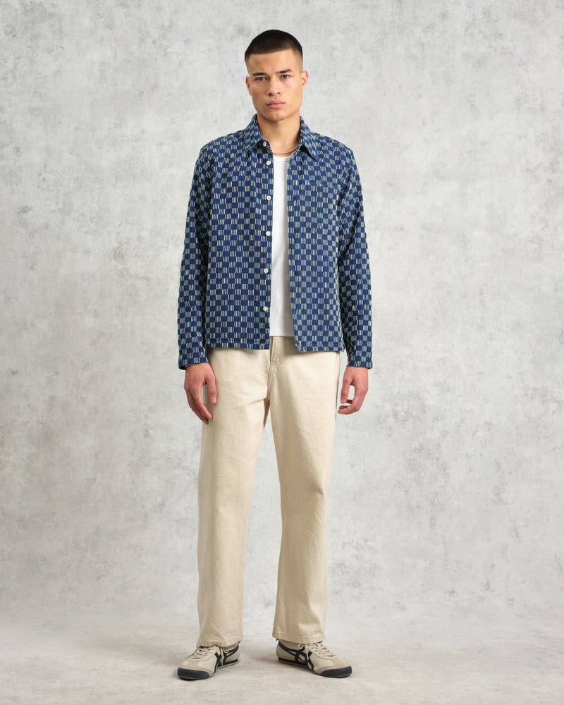 wax london Breton - Indigo And Ecru Geometric Grid Stitch Overshirt