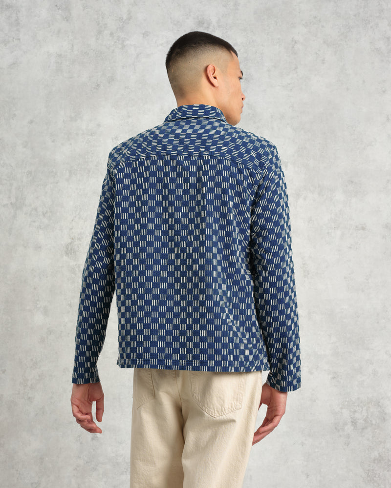 wax london Breton - Indigo And Ecru Geometric Grid Stitch Overshirt