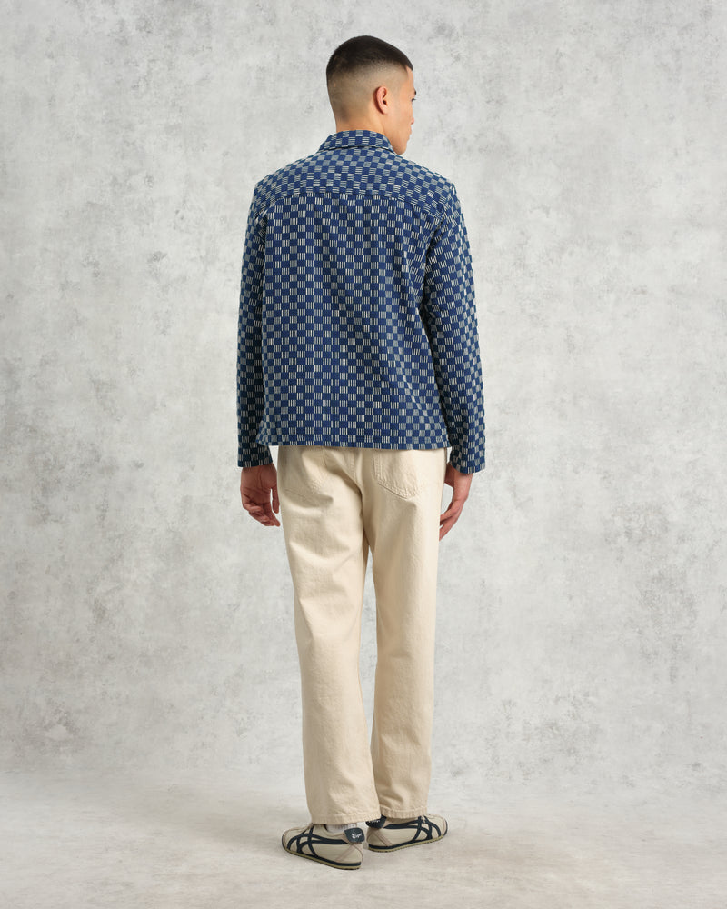 wax london Breton - Indigo And Ecru Geometric Grid Stitch Overshirt