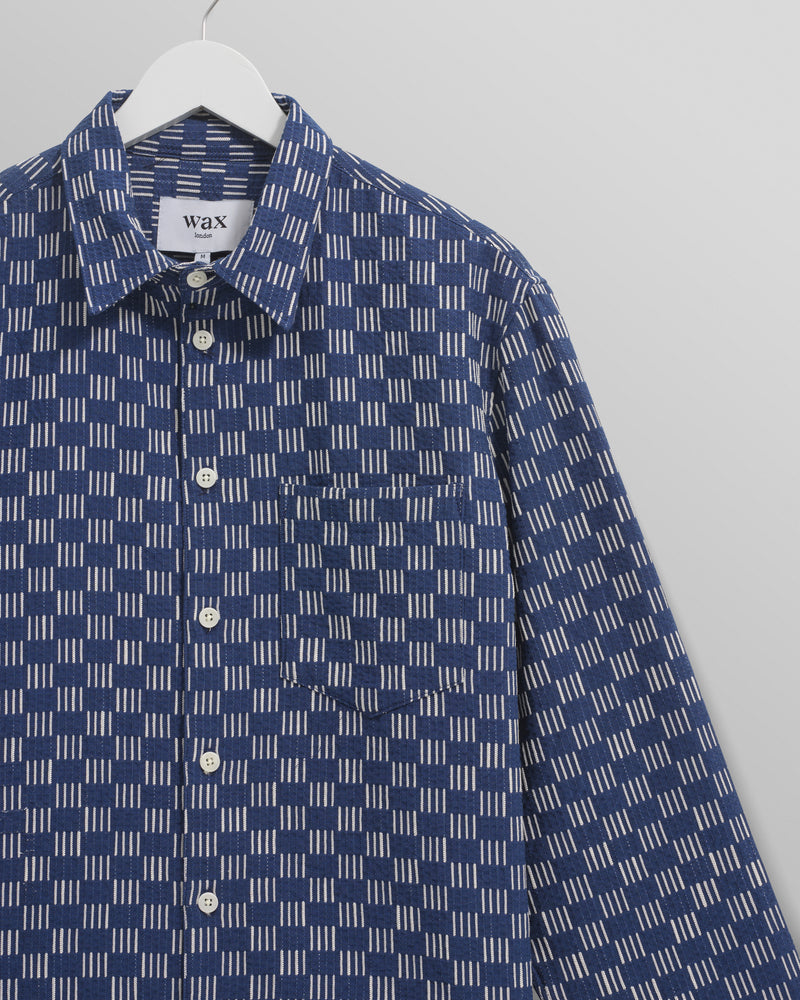 wax london Breton - Indigo And Ecru Geometric Grid Stitch Overshirt