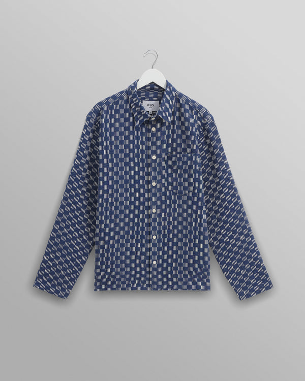wax london men's Breton - Indigo And Ecru Geometric Grid Stitch Overshirt