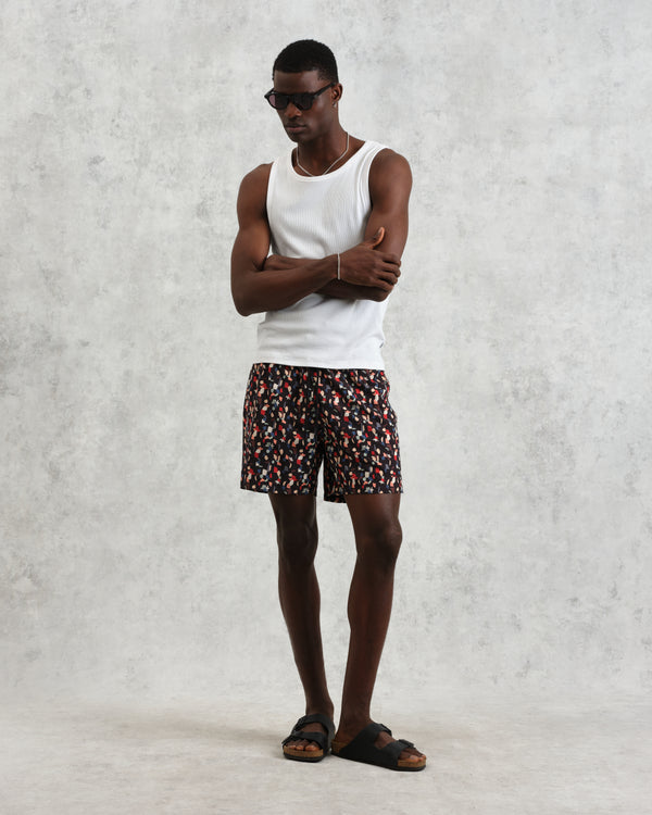 wax london men's Brockwell - Black Geometric Logo Swim Shorts
