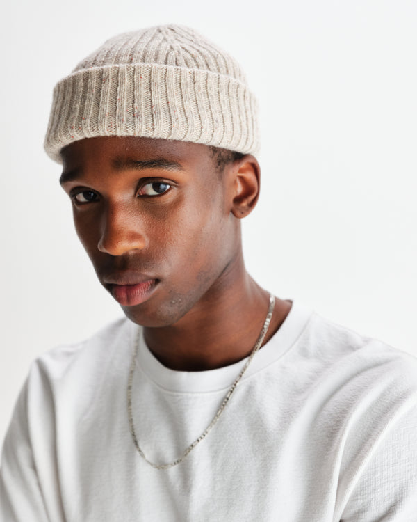 wax london men's Brook - Natural Donegal Single Rib Wool Beanie