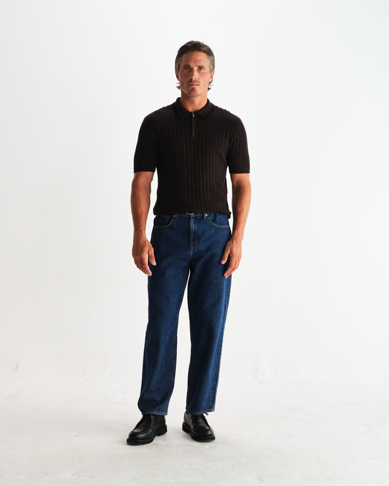 wax london men's Bury - Dark Brown Stripe Zip Polo