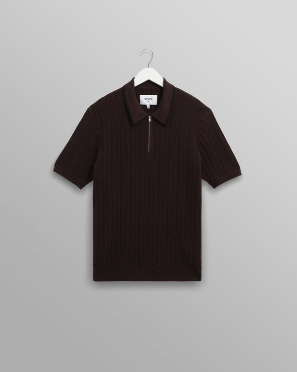 wax london men's Bury - Dark Brown Stripe Zip Polo