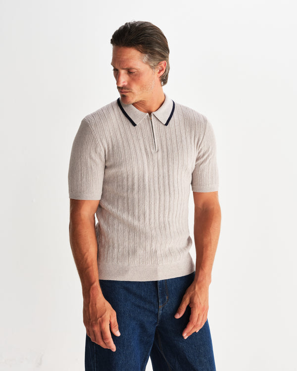 wax london men's Bury - Natural Melange Stripe Zip Polo