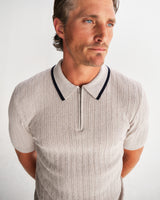 wax london men's Bury - Natural Melange Stripe Zip Polo