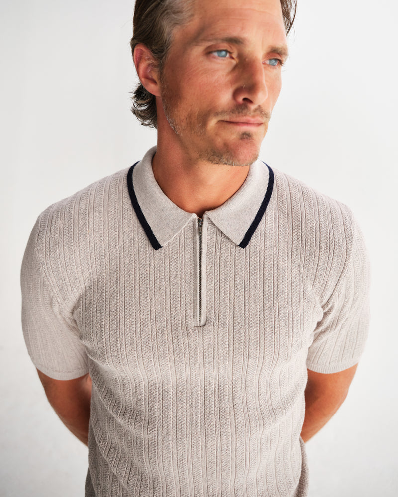 wax london men's Bury - Natural Melange Stripe Zip Polo