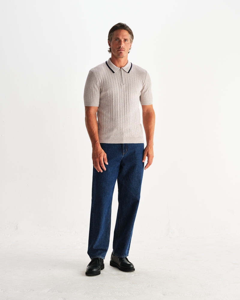 wax london men's Bury - Natural Melange Stripe Zip Polo