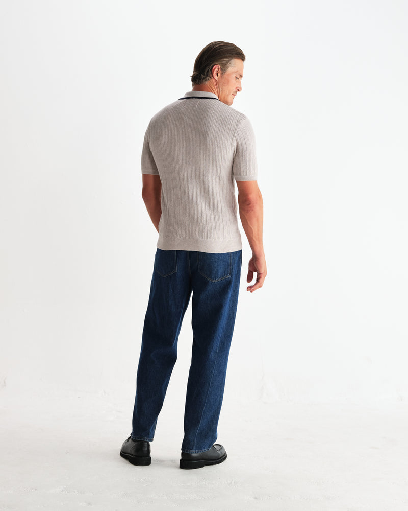 wax london men's Bury - Natural Melange Stripe Zip Polo