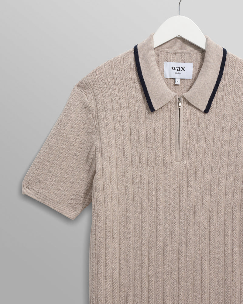 wax london men's Bury - Natural Melange Stripe Zip Polo