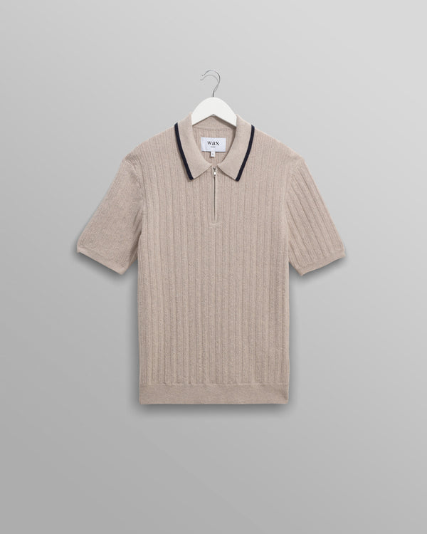 wax london men's Bury - Natural Melange Stripe Zip Polo