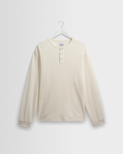 Caleb - Ecru Waffle Cotton Henley Long-Sleeve T-Shirt