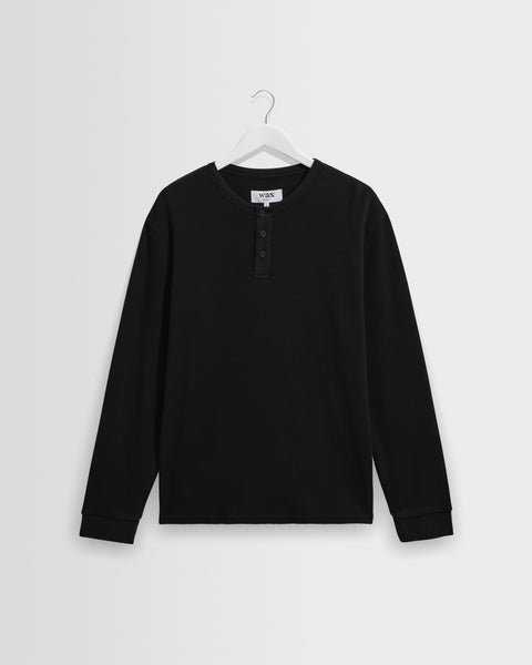 Caleb - Washed Black Waffle Cotton Henley Long-Sleeve T-Shirt