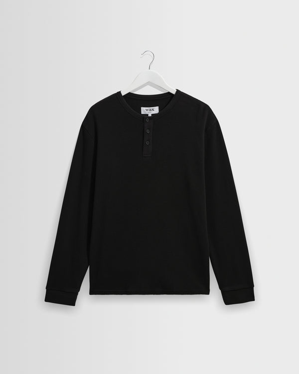 wax london men's Caleb - Washed Black Waffle Cotton Henley Long-Sleeve T-Shirt