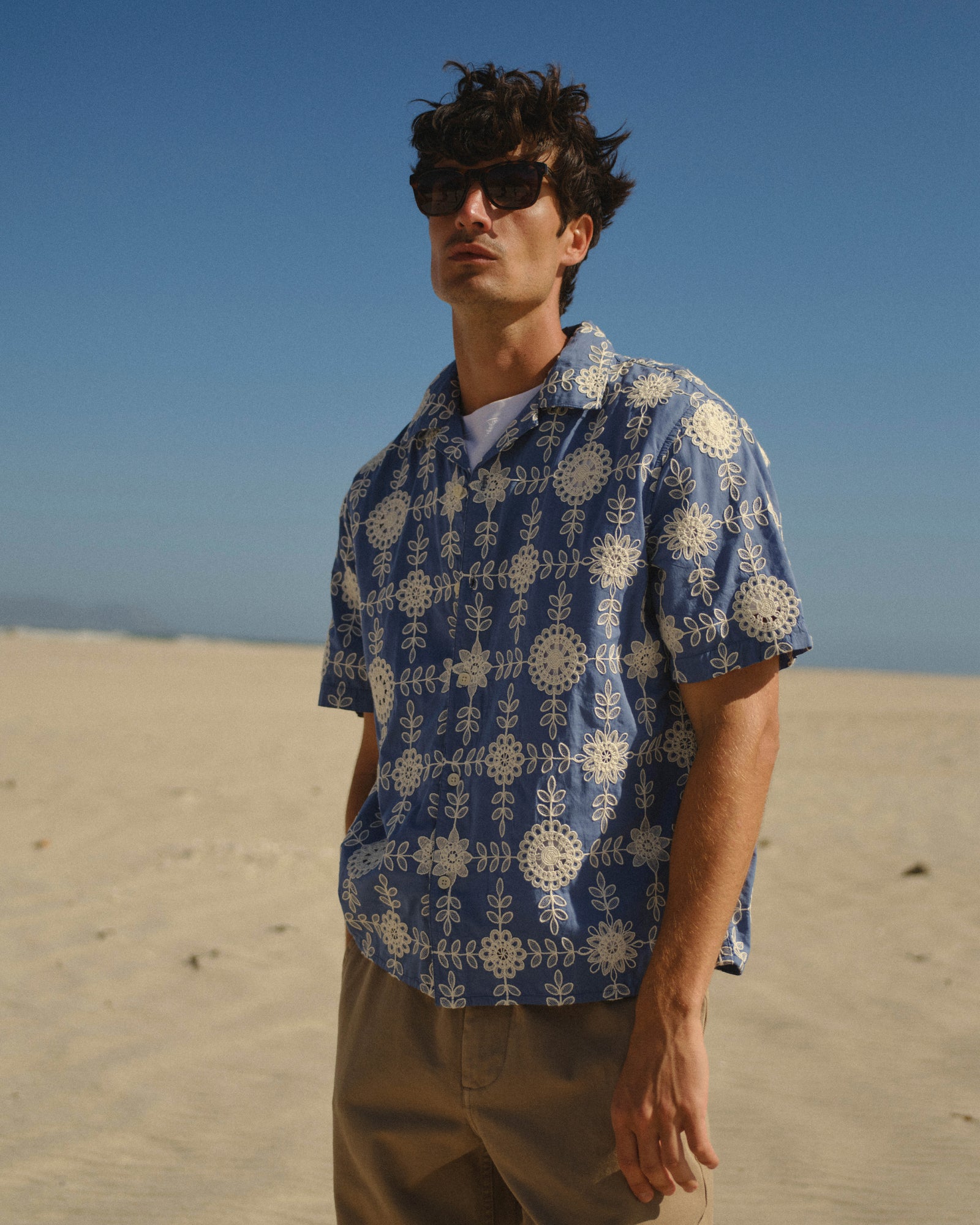 Men's Blue And Ecru Lace Short-Sleeve Shirt | Wax London