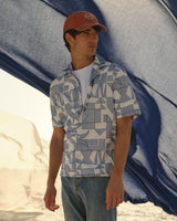 Didcot - Ecru And Blue Geometric Embroidered Short-Sleeve Shirt