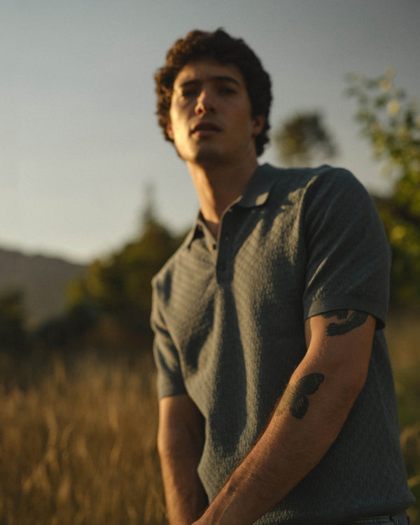 Naples - Pale Blue Retro Diamond Knitted Polo