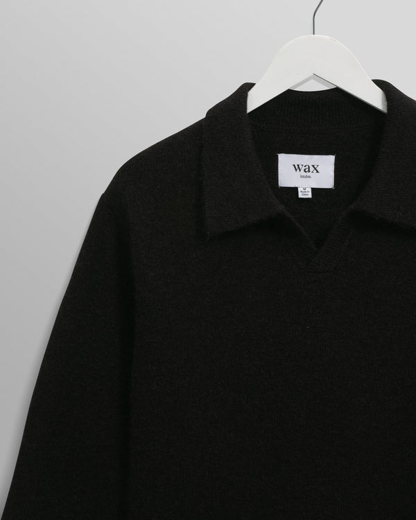 wax london men's Carter - Black Open Collar Fluffy Wool Knit Polo